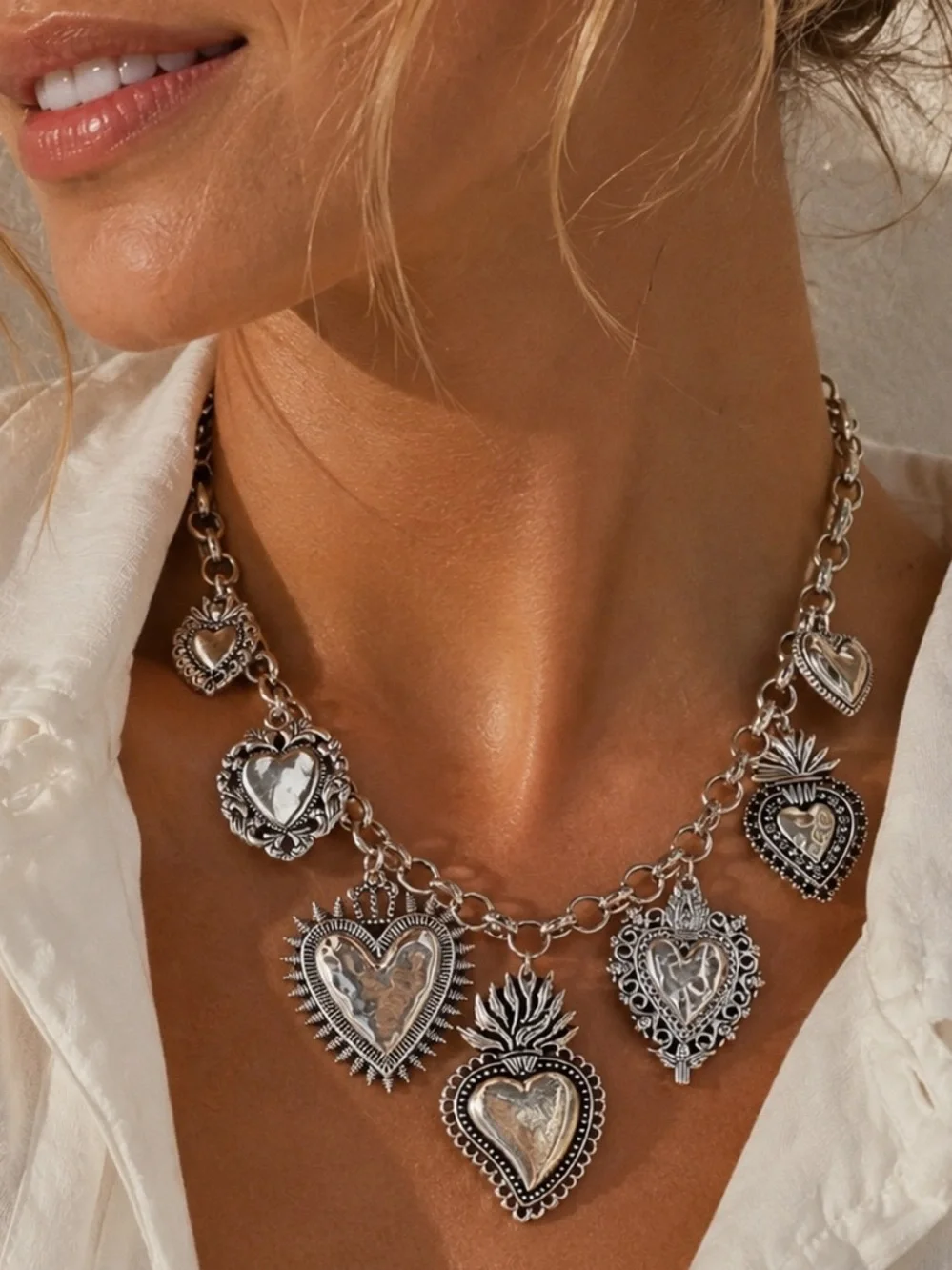 Silver Heart Charm Statement Necklace